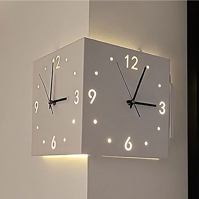 늘솜우드 코너 벽시계 모서리 조명 led 센서 양면 무드등 무소음시계 무타공, 화이트(조명포함)