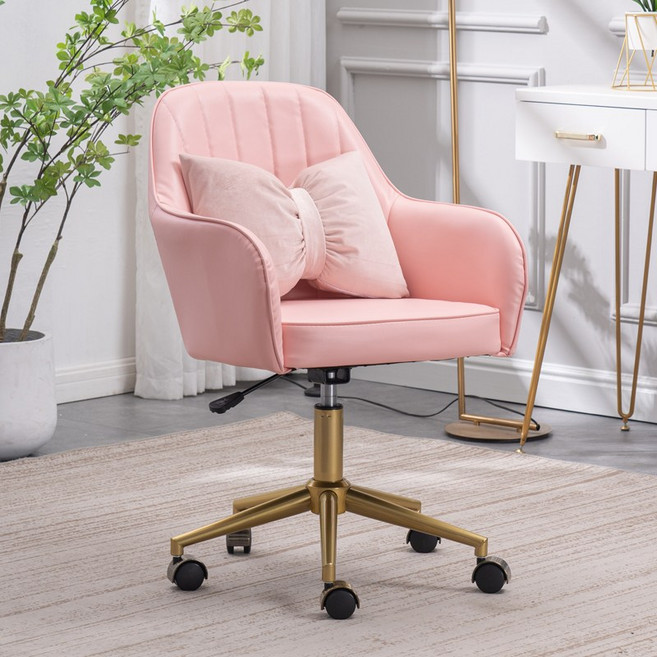 바퀴달린 쇼파 PC방 거실 카페 컴퓨터 회전형 미용실 팔걸이 업소용 서재 제품 의자 게이밍 등받이, 핑크 가죽 (골드) 나비베개:강철다리:고정팔걸