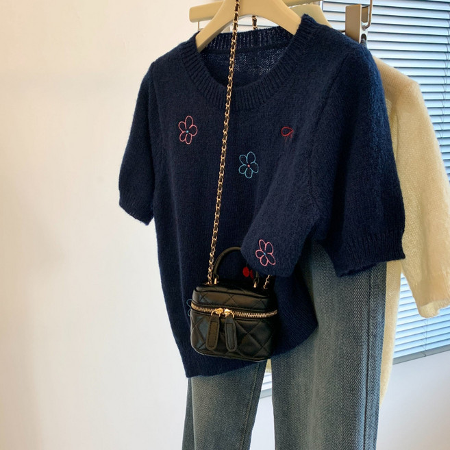 해피유통 여성 플라워 체리 자수 반팔 니트 슬림 톱 jhXG12