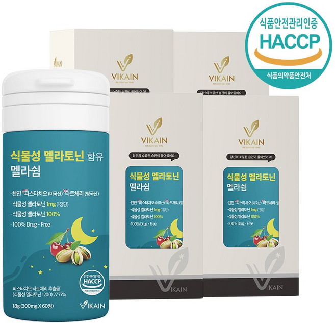 비카인 식물성 멜라토닌 멜라쉼 천연 피스타치오 타트체리 미국산 영국산 링곤베리 레몬밤 추출 분말 테아닌 트립토판 비타민B12 함유 식약청인정 해썹, 4개, 60정