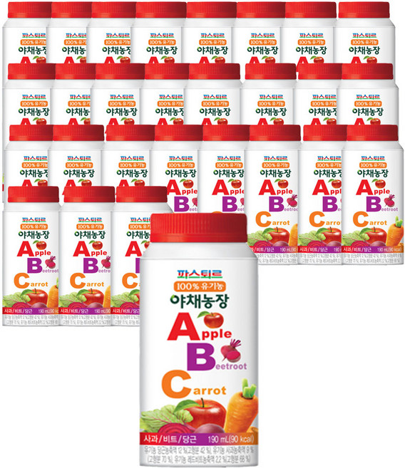 파스퇴르 100%유기농 야채농장 ABC주스190ml (냉장보관), 190ml, 28개