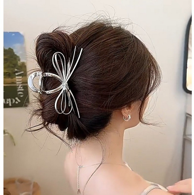 쥬띠크 하트 실버 리본 헤어 집게핀 2개 세트 여성 올림머리 머리핀, 1개, JUTQ0210