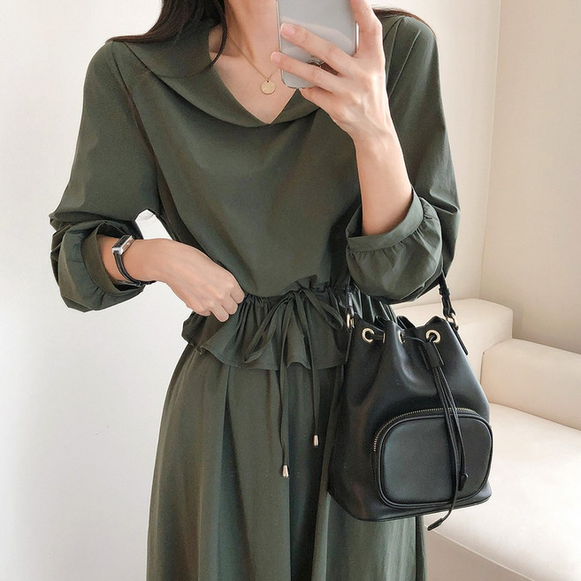 요시아나 [당일발송] 엘루샤 바스락 둥근카라 허리 스트링 페플럼 롱원피스 3컬러