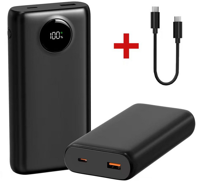 THOUSTA대용량 보조배터리 20000mAh 고속충전PD QC3.0 22.5W 잔량표시 휴대용 기내반입+고속 케이블, 블랙