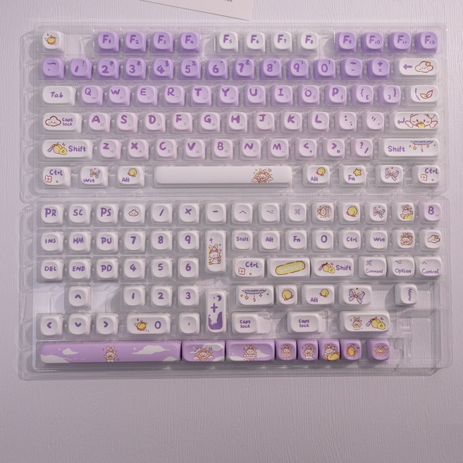 귀여운 기계식 키보드 키캡 한글 영문 각인 PBT 염료승화캐릭터 키캡 MOA 프로파일 MX 스위치 호환 61/64/68/87/96/104/108 배열 키보드 지원, 한글 각인, 보라 토끼