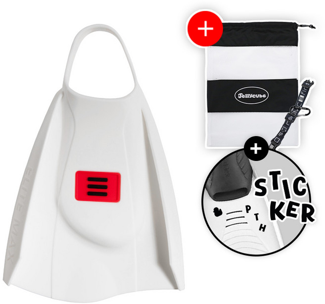 DMC 디엠씨 엘리트맥스 숏핀 훈련용 수영 오리발 + 망사가방 증정, 숏핀 + 오리발스티커증정, 화이트