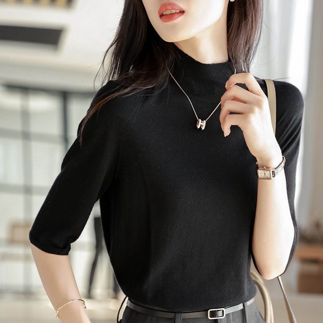 패션고리 여성 반폴라 7부소매 스판 니트티 H372