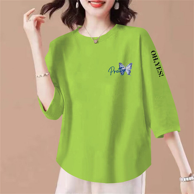 TKX 여성 7부 소매 티셔츠 캐주얼 봄 가을 프린트 라운드넥 코튼 상의 심플한 디자인 여성스러운 탑 KZ35