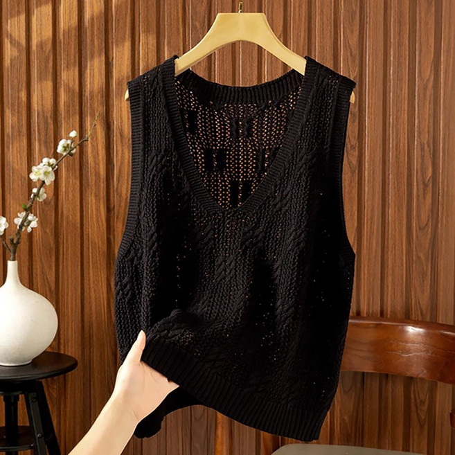 WANGBAIWAN 여성 V넥 펀칭 니트 조끼 심플 가벼운 레이어드 여름 민소매 니트 베스트 빅사이즈 S51908