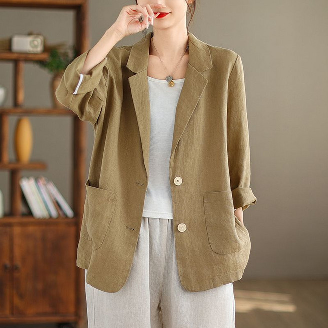 씨유언니 여성 린넨 블레이저 루즈핏 데일리 면 마 세미 정장 자켓 코트 오피스룩 봄 여름 재킷