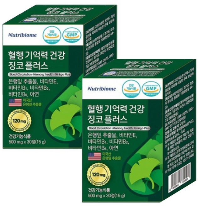 뉴트리바이옴 징코 플러스+ 기억력 및 혈행 개선에 도움을 줄 수 있음 식약청 식약처 인증 은행잎추출물 비타민E 비타민B6 영양제, 30정, 2개