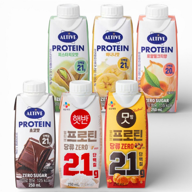 얼티브 프로틴 당류제로 6종 비건 초코 바나나 햇반 맛밤 피스타치오맛 로얄밀크티 맛 각 3개 총(18개), 250ml