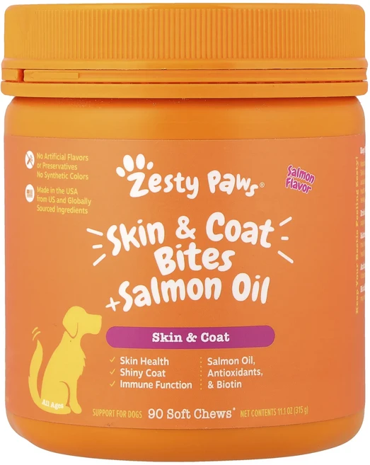 헁복하고 건강하세요 Zesty Paws 피부 및 털 바이트 + 연어오일 반려견용 모든 연령 연어 소프트츄 90개 315g(11.1oz) 늘 챙기셔야합니다 - 쿠팡