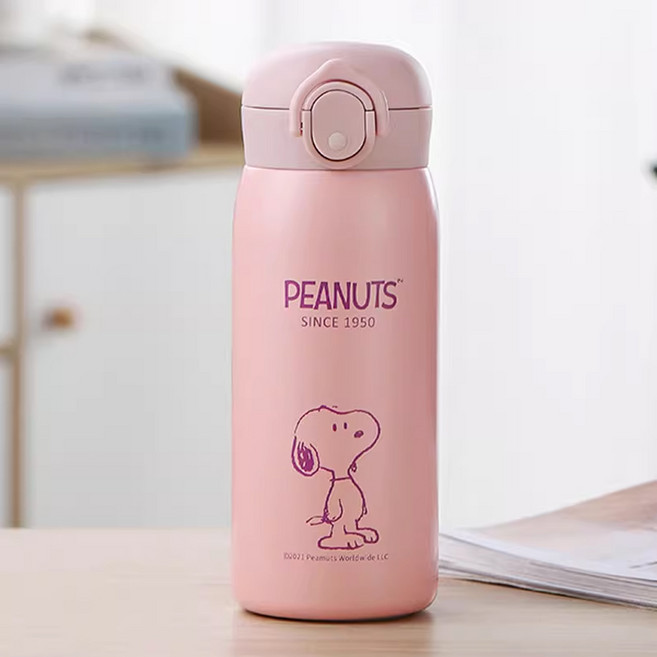 스누피 보온 물통 휴대용 보냉 원터치 초등학생 텀블러, 핑크