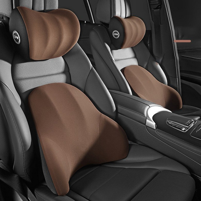 ELSECHO 차량용 메모리폼 목쿠션 허리쿠션, 1개, 브라운 × 슈트(목쿠션+허리쿠션)