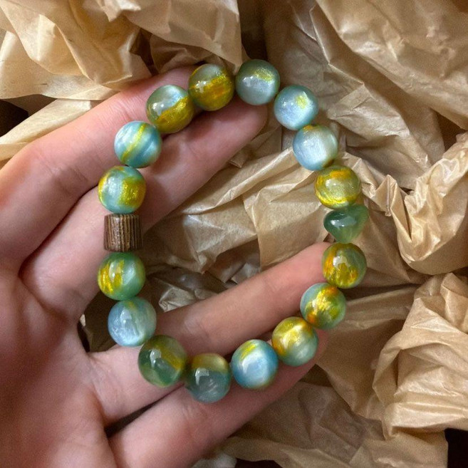 新中式藍綠色樹脂鎏金串珠手串手鍊 天然檀木復古手飾