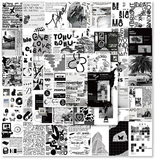 62종 캐리어 노트북 폰 꾸미기 스티커, 흑백 페인팅