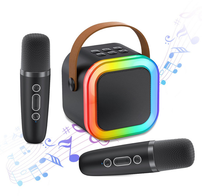 가정용노래방기계 노래방 세트 블루투스 5.3 스피커 + 무선 마이크 2대+RGB LED 조명 + 반주 기능, 블랙, Karaoke