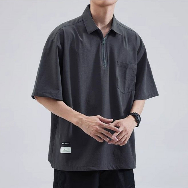 besteffie 남성용 여름 반팔 티셔츠 단톤 캐주얼 반지퍼 포켓 디자인 넉넉한 핏 남자 스웨트셔츠 상의 K31