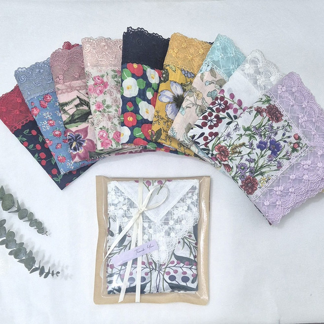 국산 면 손수건 앞치마 스카프 휴대용 꽃무늬 레이스 에티켓 매너 손수건 무릎덮개 어버이날 여성 모임 단체 답례품 선물, 1개, 9. 기본opp-동백네이비