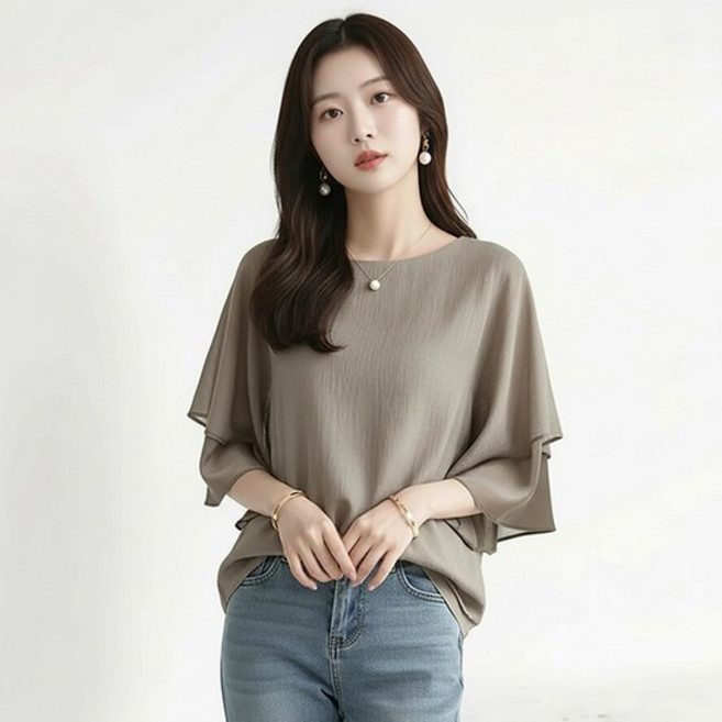 미루나 하늘하늘 티블라우스 2종세트(그레이베이지+네이비)