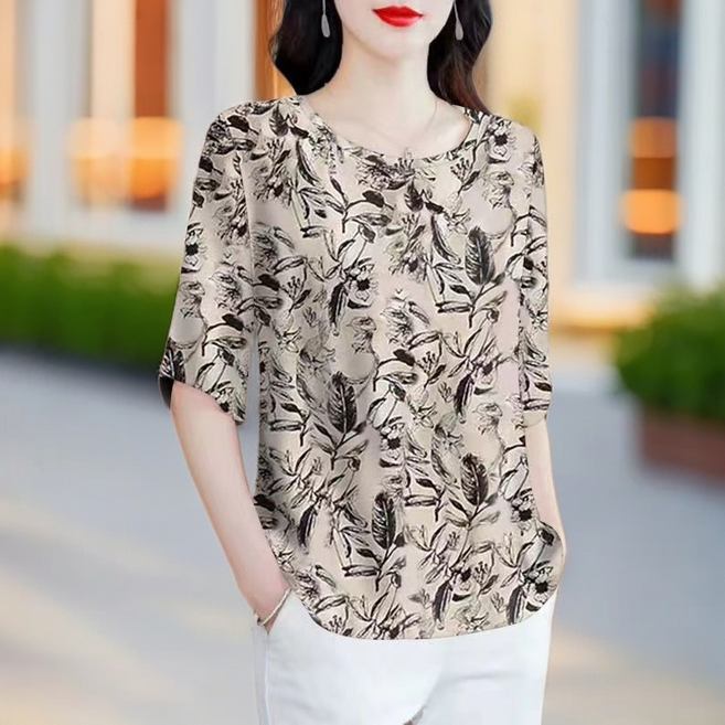 중년 여성 빅사이즈 라운드넥 반팔 티 여름 엄마룩 프린트 블라우스 냉장고 기질 패션 데일리 아우터 상의