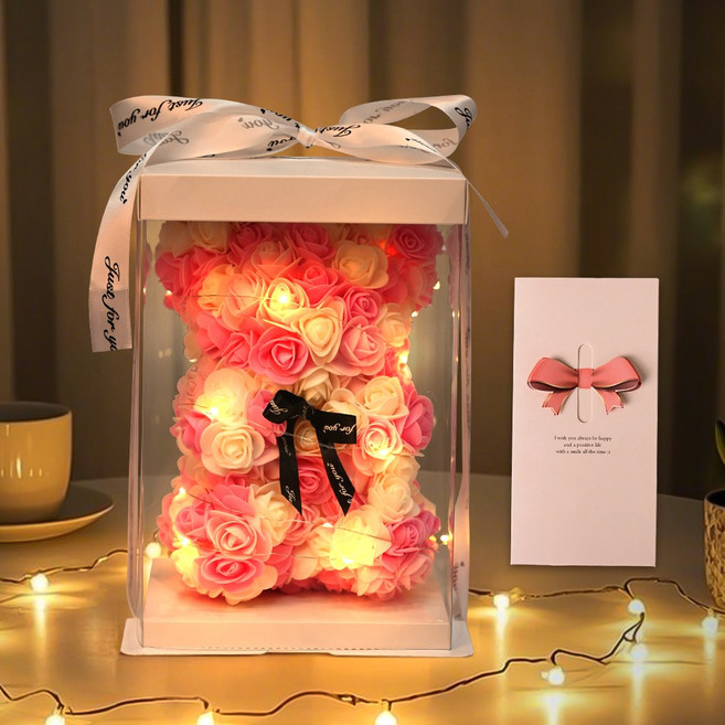 EVOKME 장미꽃곰돌이 로즈베어 장미곰돌이 플라워곰 led 조화 꽃다발 기념일 생일 결혼 신혼 선물 인테리어조화, 1개, 화이트 핑크