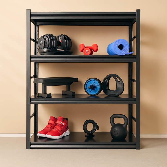 무볼트 튼튼한 조립식 듀라랙 철제선반 팬트리 앵글 경량랙 중량랙 베란다선반 수납장 고릴라랙, 4단, 블랙