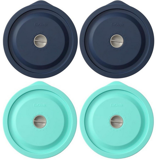 Pyrex 7201-PC 4컵용 교체 뚜껑 Anchor Hocking 유리 그릇용 실리콘 원형 보관 커버 뚜껑 날짜 표시 포함 4팩, 다크 블루-터쿼이즈 4개