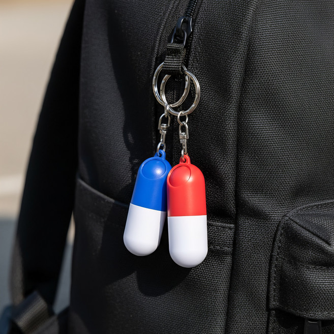 알약 모양 키링 휴대용 보관통 캡슐 키체인, 레드+블루