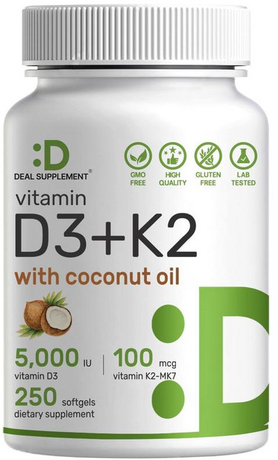 딜서플리먼트 비타민 D3 50000 IU+K2 100mcg 코코넛 오일 소프트젤 250정, 딜서플리먼트 비타민 D3 50000 IU+K2 100m, 1개