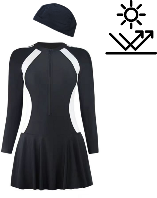 팝키즈 주니어 여아 블랙 반집업 원피스 수영복 2종세트