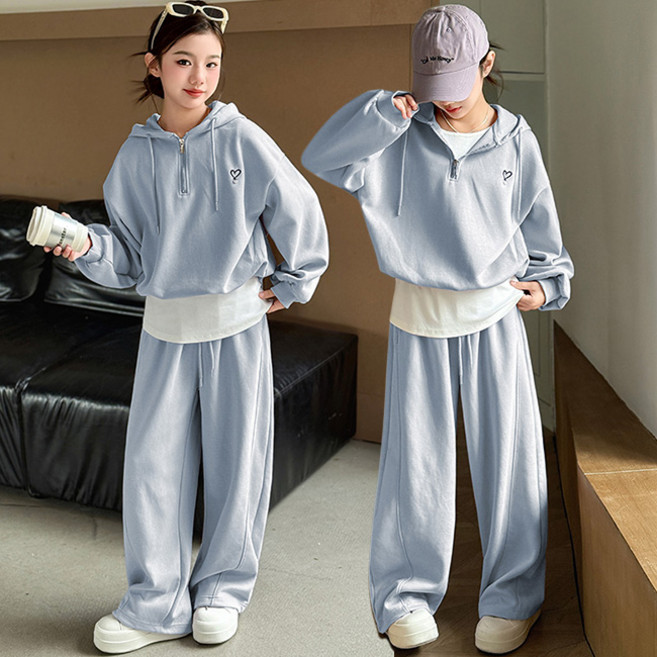 비비키드 여아 봄가을 하트 페이크 레이어드 반집업 봄 가을 초중생 상하복 세트 주니어 후드티 세트 긴바지 (2611)