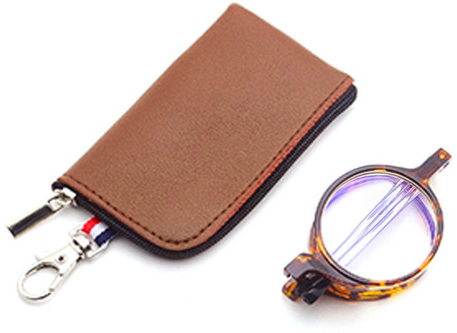 안경테 휴대용 접이식 원형 사각 확대경 안경테 파우치 세트, 호피, 1개