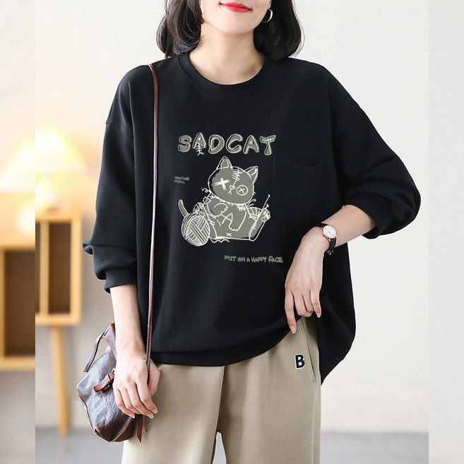 TKX 여성 캐주얼 루즈핏 사계절 간절기 긴팔 귀여운 고양이 프린트 포켓 장식 라운드 맨투맨 KW69