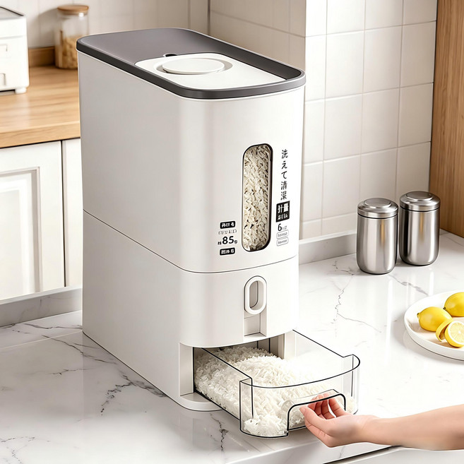 미터링누름식쌀통 틈새대용량 방충방습밀폐 가정용주방수납 잡곡밀가루보관함 5kg/10kg선택가능 원터치계량아이보리, 하얀색, 1개