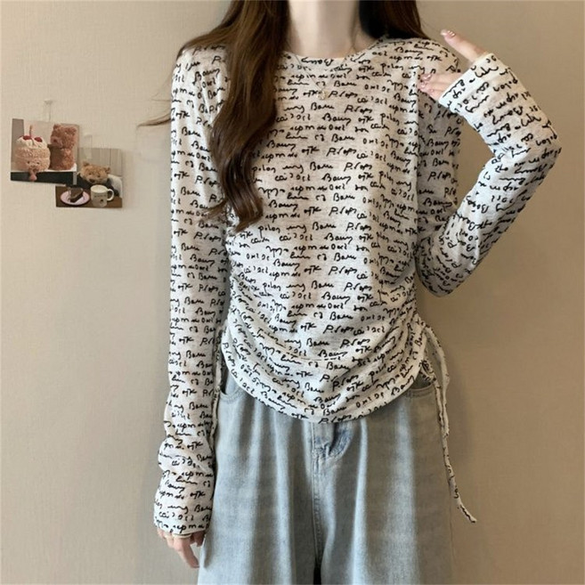 besteffie 여성 봄 가을 긴팔 티셔츠 레터링 프린팅 캐주얼 탑 기본티 골지