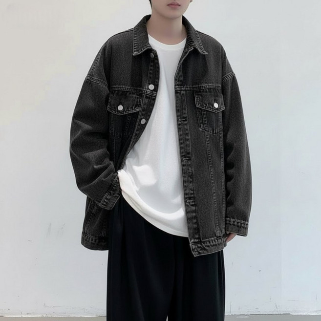 다이나믹피플 남성용 오버핏 패치 데님 청자켓 아우터