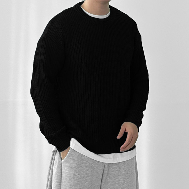 다이나믹피플 남자 하찌 오버핏 와플 긴팔 라운드 니트