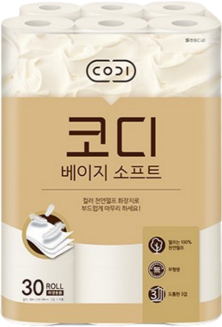 코디 베이지소프트 3겹 천연펄프 롤화장지, 30m, 30롤, 1개