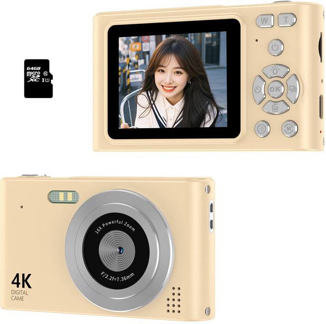 RUNHome 4800w 레트로 미니 디지털 카메라 여행용 인생+64G메모리카드, 골드