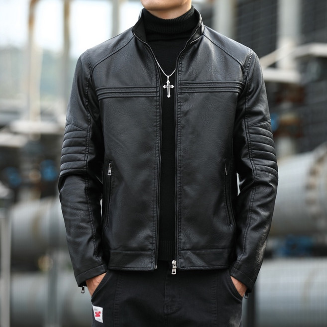 H.C.KAIXING 男生立領壓紋皮衣外套