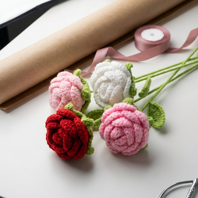 어버이날 카네이션 뜨개꽃 니트 꽃다발 부모님 스승의날 감사 선물, 02.장미(화이트), 1개