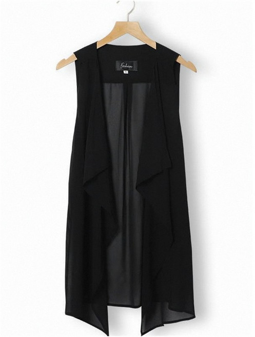 Makone 여름 여자 루즈핏 쉬폰 롱 조끼 시스루 롱 베스트