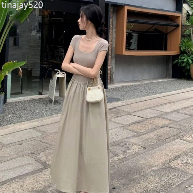 赫本風高腰顯瘦拼接長裙法式方領大擺連衣裙女禦姐風A字小黑裙夏, 灰綠色,S, 灰綠色