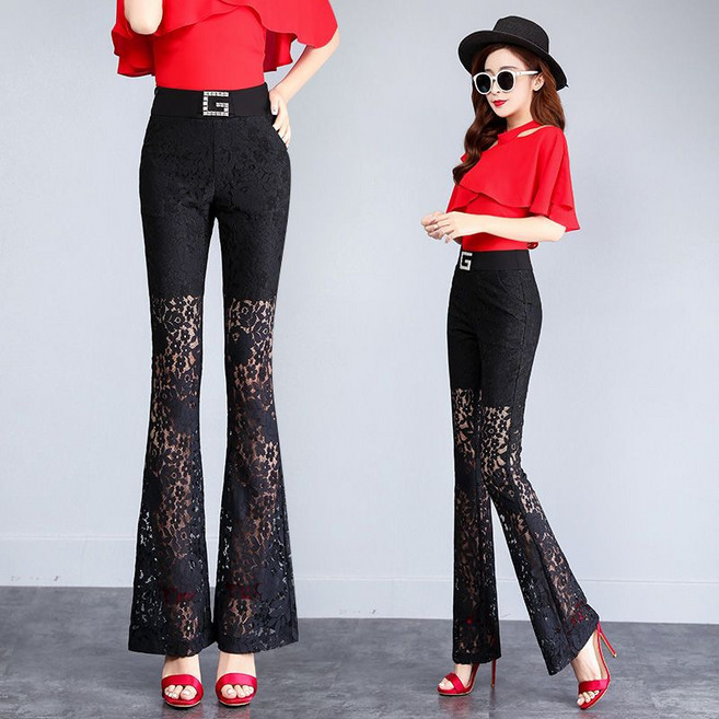 댄스복 바지 여성용 레이스 와이드 팬츠 하이웨스트 드롭 레이스 부츠컷 팬츠Women's Pants 뉴타임즈 T626V547