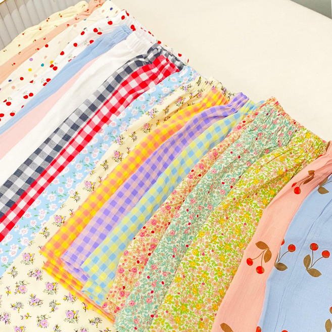 플라워 체크 여성 꽃무늬 거즈 순면 잠옷 바지 파자마 팬츠 반바지 긴바지