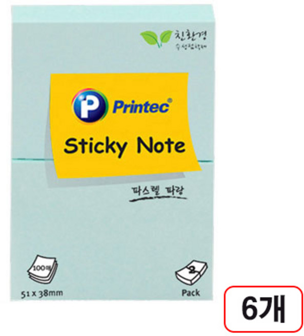 프린텍)스티키노트 파스텔(51x38mm/100매), 6개, 파랑(5138B)