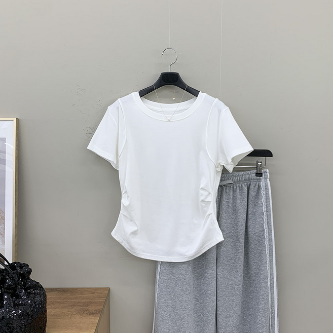 [행복여] 빌라드 양 절개 셔링 포인트 반팔 티셔츠