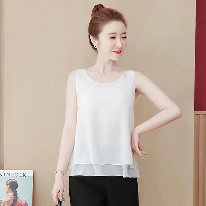 ROYALBELLE 여성 이중 쉬폰 루즈핏 민소매 라운드넥 체형커버 나시 블라우스 K052636